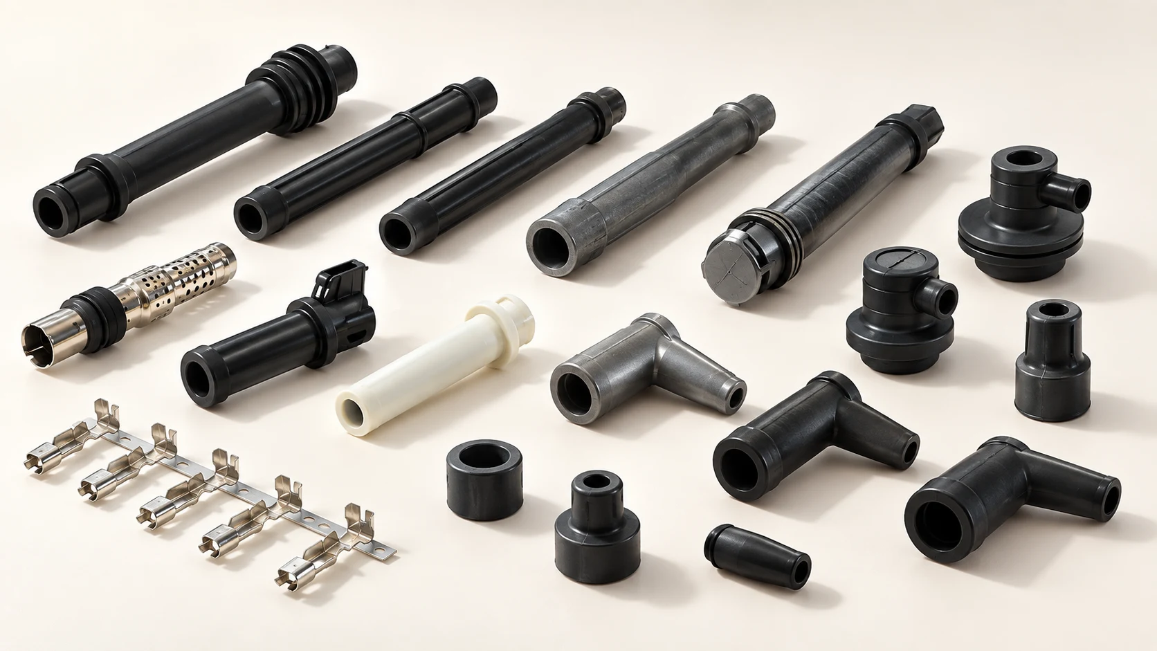 Ignition boots, moulded components and metal terminals