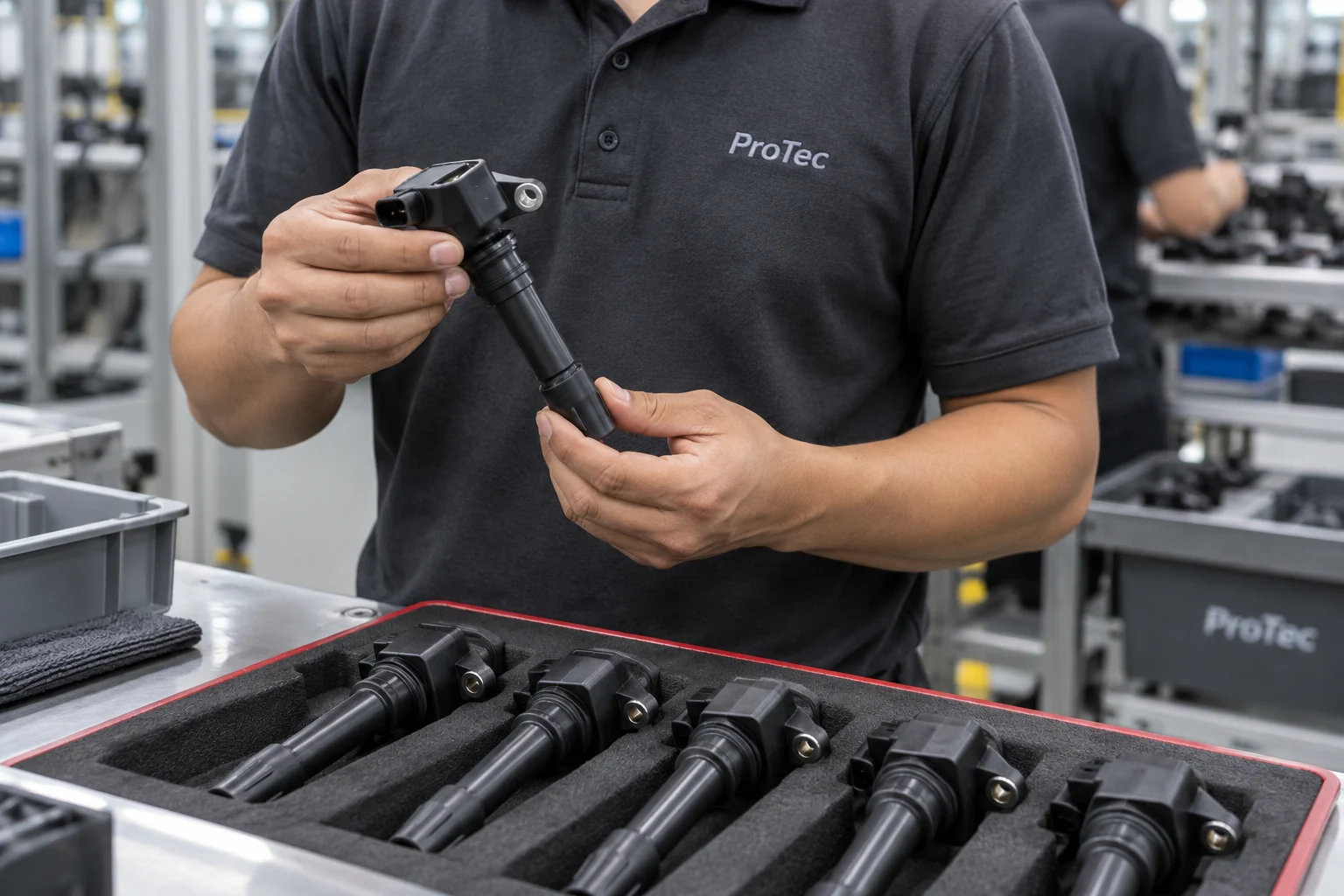 ProTec technician inspecting an ignition coil