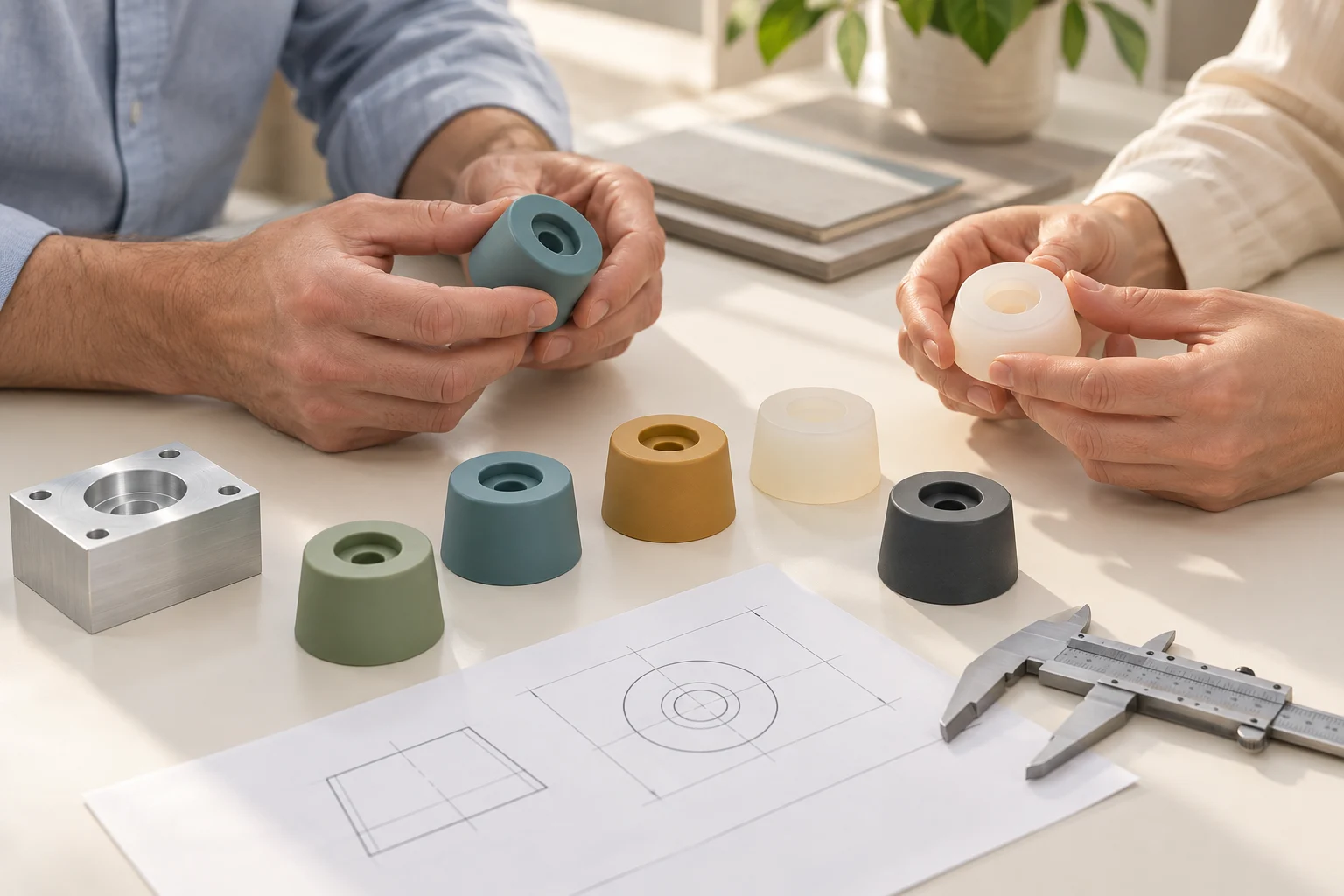 Hands inspecting colourful silicone prototypes at a development bench