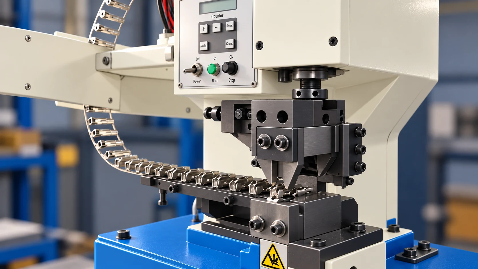 Clean terminal crimping press and metal terminal strip